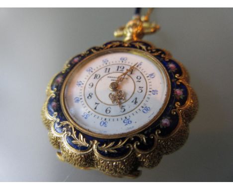 Henry Capt, Geneva, yellow gold enamel decorated and diamond set fob watch suspended on a gold enamel decorated chain