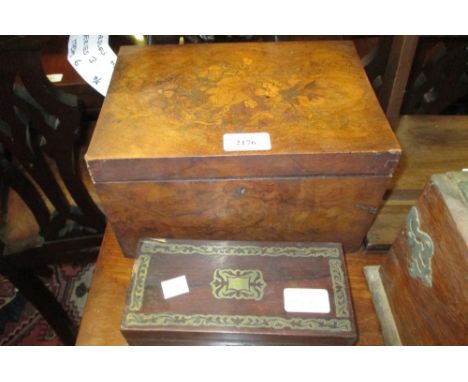 Floral marquetry inlaid walnut box with fitted interior (a/f), together with a small rosewood brass inlaid trinket box (a/f)