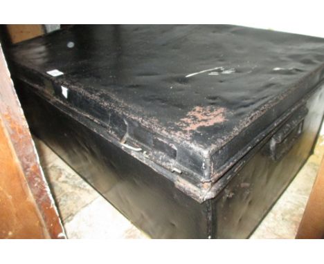 19th Century Scottish black painted tin travel trunk with hinged cover and oval brass makers plaque, Aberdeen