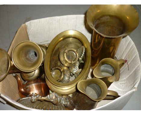 Art Nouveau brass jug, a brass shell case and other miscellaneous metal ware