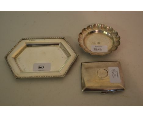 Small Sheffield silver hexagonal dish, makers mark C.B.S., Mexican sterling silver dish and a silver engine turned cigarette 