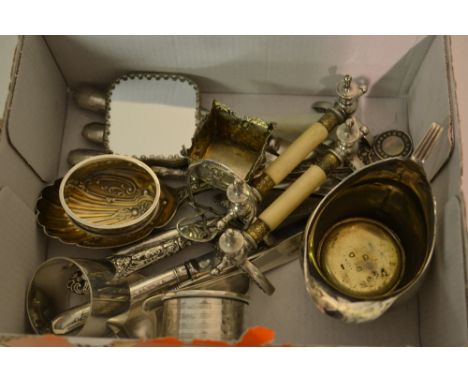 Small box containing a quantity of mixed silver including a George III helmet shaped cream jug (a/f), silver napkin rings, si