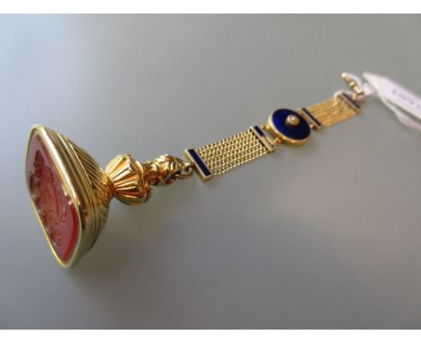 19th Century gold and blue enamel fob set with split pearl and attached cornelian seal
