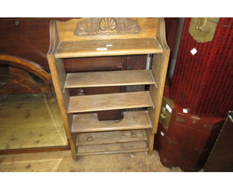 Oak barbers shelf together with a yew wood stool and another stool