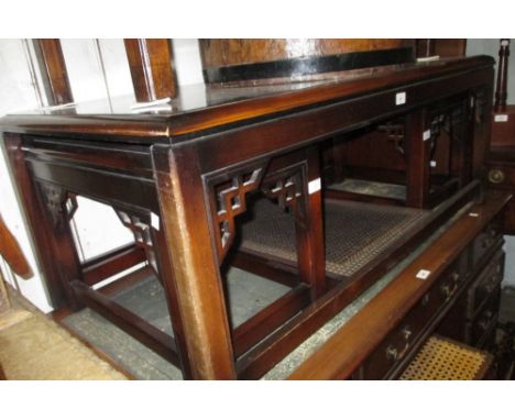 Reproduction rectangular mahogany coffee table together with a pair of matching lamp tables in Chinese style