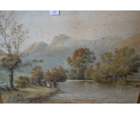 George Gregory, mountain river scene by girl by a gate, signed and dated 1893, 21ins x 30ins, gilt framed (foxing)