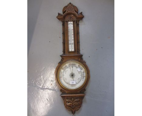 Edwardian carved oak aneroid barometer / thermometer