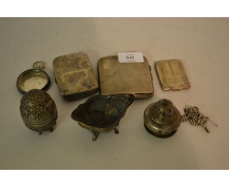 Two silver cigarette cases, a match case, a watch case, watch chain and three other items of silver