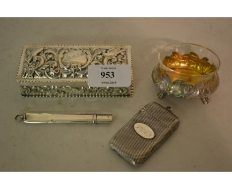 London silver rectangular floral and bird embossed trinket box with hinged cover, sterling silver vesta case by P.M.W & Co., 