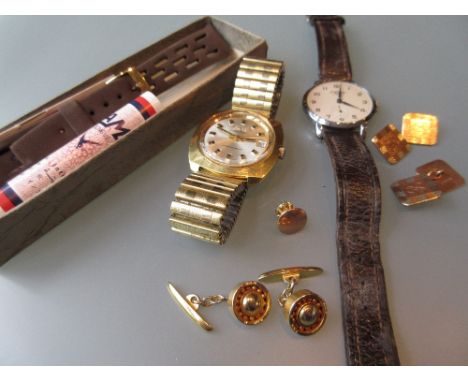 Pair of 9ct gold cufflinks, pair of gold plated cufflinks, a similar stud and two wristwatches
