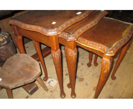 Nest of three reproduction burr walnut occasional tables, pair of gilt brass lamp tables and a magazine rack