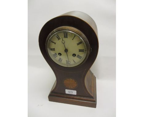 Edwardian mahogany and inlaid balloon shaped mantel clock with enamel dial, Roman numerals and two train movement