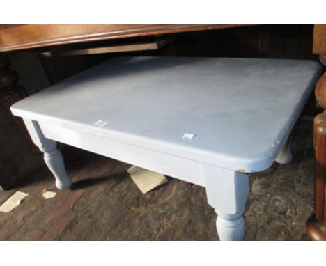 Painted pine coffee table and an oak stool with woolwork cover