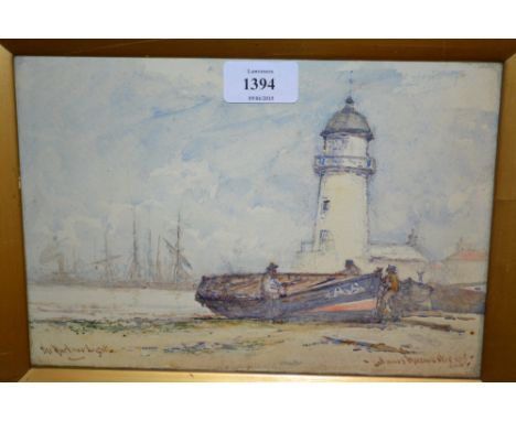 James Macmaster, watercolour, ' The Harbour Light at Ayr ', signed, 6.75ins x 9.5ins, gilt framed
