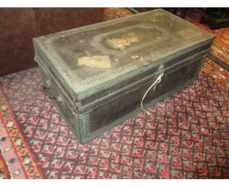 Small early 19th Century leather stud work and brass bound trunk, 20ins wide approximately