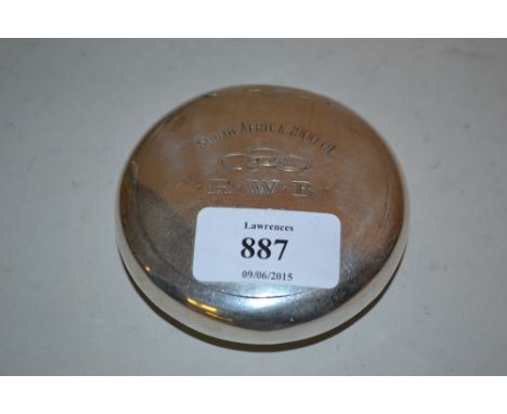 Circular Birmingham silver snuff box, the cover inscribed South Africa 1900 - '01 with other inscriptions verso