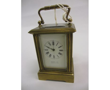 Miniature gilt brass cased carriage clock, the enamel dial with Roman numerals, signed Hopwood, Gloucester with a single trai