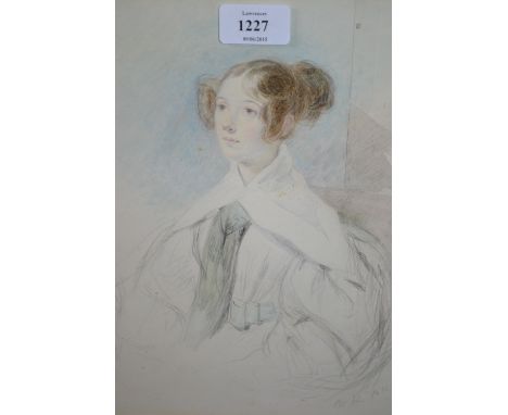 Pencil and watercolour, portrait of a seated lady, signed with initials M.H. and dated 1831, a 19th Century circular mounted 