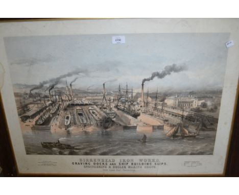 Coloured lithograph, Birkenhead Iron Works by Maclure, MacDonald and MacGregor after Maclure together with a maple framed bla