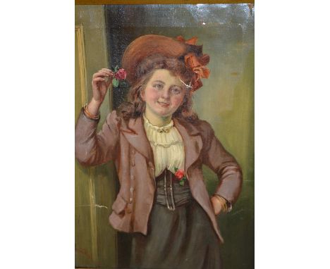 Justus Hill, oil on canvas, three quarter length portrait of a girl standing beside a door holding a rose (for restoration), 