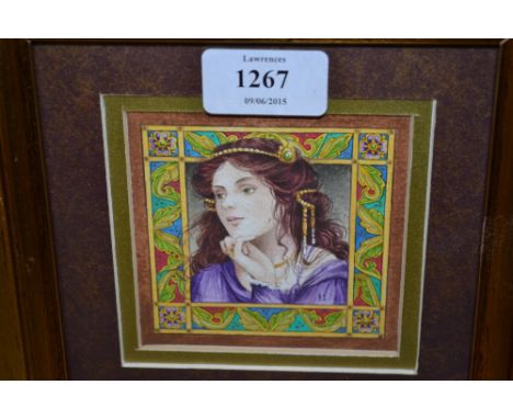 Small gilt framed watercolour, head and shoulder portrait of a young girl in Art Nouveau style together with four other small