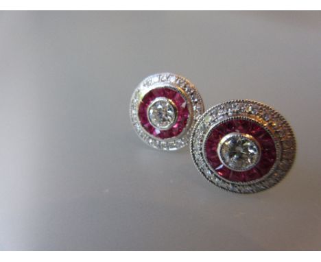 Pair of Art Deco style ruby and diamond target earrings