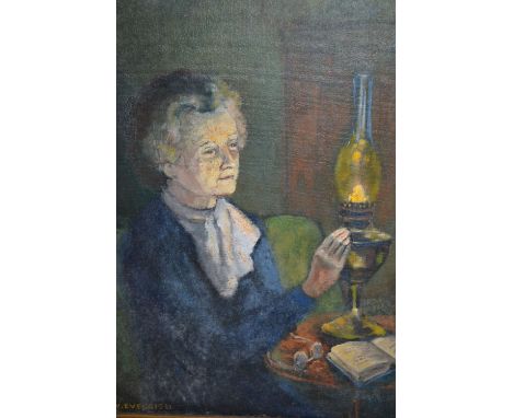 W. Eveleigh, 20th Century oil on board, lady seated beside a table with an oil lamp, signed, 21ins x 17ins, gilt framed