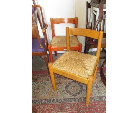 Pair of pine ladder back chairs, a mahogany firescreen and an oak coal purdonium