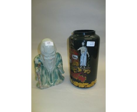 Pottery lamp base with abstract design in the style of Troika, a glass jar decorated with figures and text and a Chinese pott