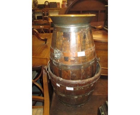 Oak and metal bound barrel form stick stand together with a similar bucket