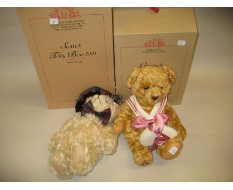 Steiff teddy bear ' Christopher ' 33cms in original box together with another Scottish teddy bear 2001, 32cms in original box