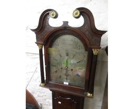 George III mahogany longcase clock, the broken arch hood with blind fretwork and gilt mounted swan neck pediment and flanking