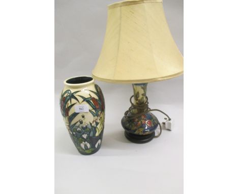 20th Century Moorcroft floral decorated lamp base together with a late Moorcroft baluster form vase decorated with bulrushes 