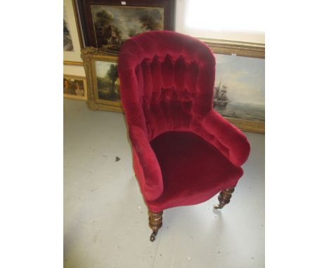 Victorian red button upholstered tub chair on turned supports