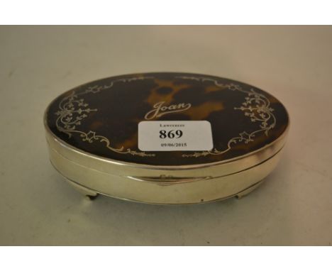 Oval Birmingham silver trinket box with tortoiseshell and pique inlaid cover