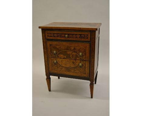 18th / early 19th Century Italian marquetry inlaid three drawer commode of neo-classical form, the top decorated with floral 