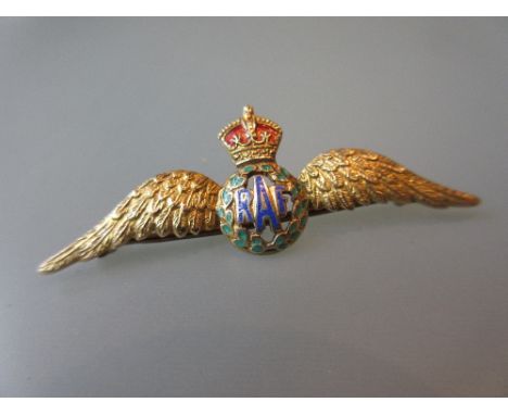 9ct Yellow gold enamel decorated R.A.F. wings brooch