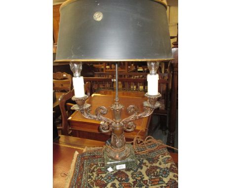 French Empire style gilt metal two branch lamp base on marble plinth, with shade