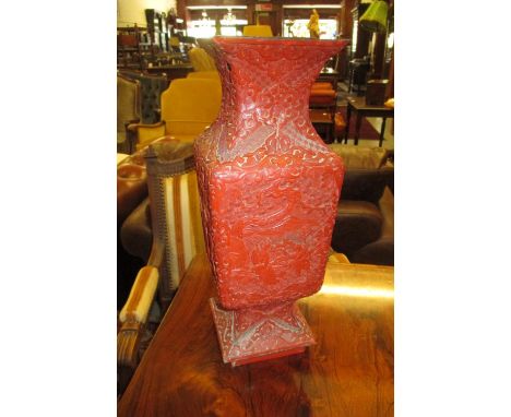 19th Century Chinese carved red cinnabar vase of square baluster form adapted for use as a table lamp (a/f)