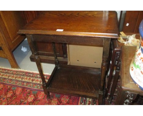 Rectangular oak occasional table, a string top stool and a quantity of wooden boxes, table lamp, bellows etc