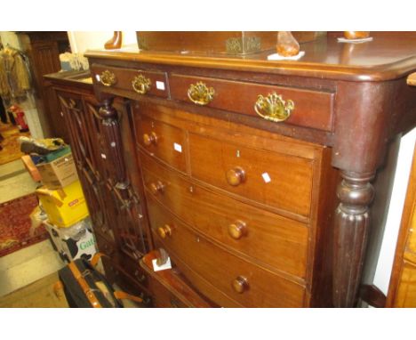 19th Century mahogany two drawer side table with brass handles, raised on turned tapering reeded supports with brass caps and