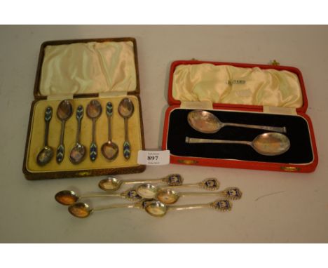 Cased set of six Birmingham silver Art Deco coffee spoons with enamel decorated handles, a cased pair of silver preserve spoo