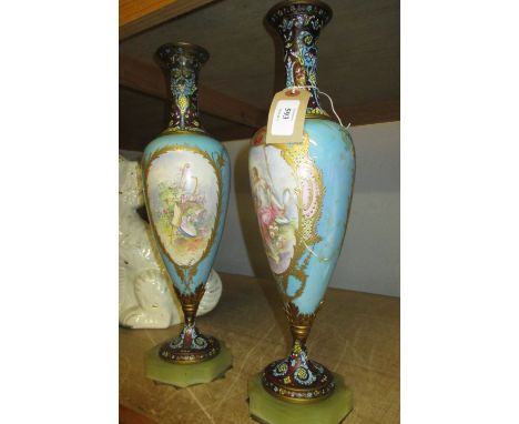 Pair of 19th Century Sevres type porcelain and champleve enamel vases with painted panels signed Rochette, on a turquoise gro