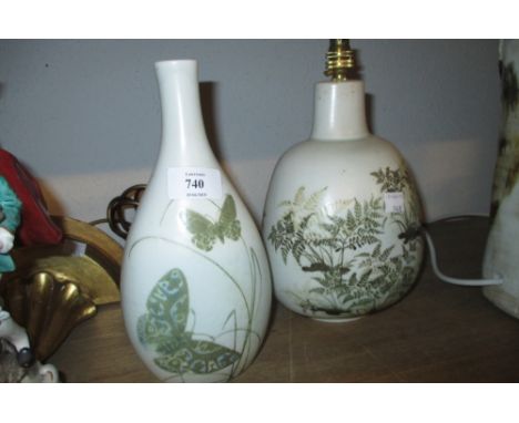 Royal Copenhagen pottery fern decorated lamp base, together with a similar vase decorated with butterflies, both 9.5ins high