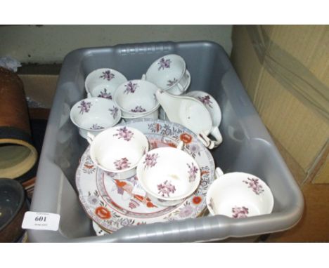 19th Century English porcelain tea service decorated with flowers in puce together with two Masons Ironstone plates