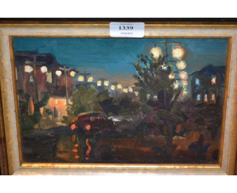 Russian school oil, lamp lit street scene, signed and inscribed verso, 6ins x 9.5ins
