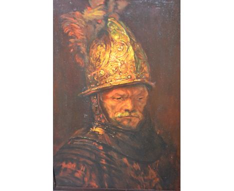 Stanley Godden, 20th Century acrylic on board, man in a golden helmet after Rembrandt, signed, 23.5ins x 17.5ins, framed