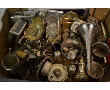 Box containing a quantity of various silver plated items including condiments, cream jugs, trinket dishes etc.