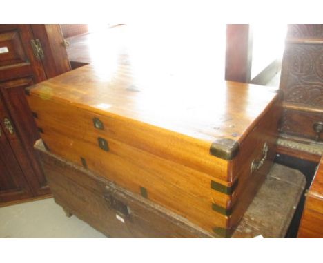 19th Century small camphor wood trunk with brass corners and hinged cover