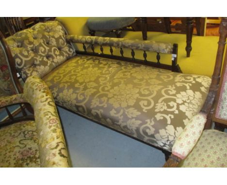 Late Victorian stained beech and floral button upholstered chaise longue on turned front supports